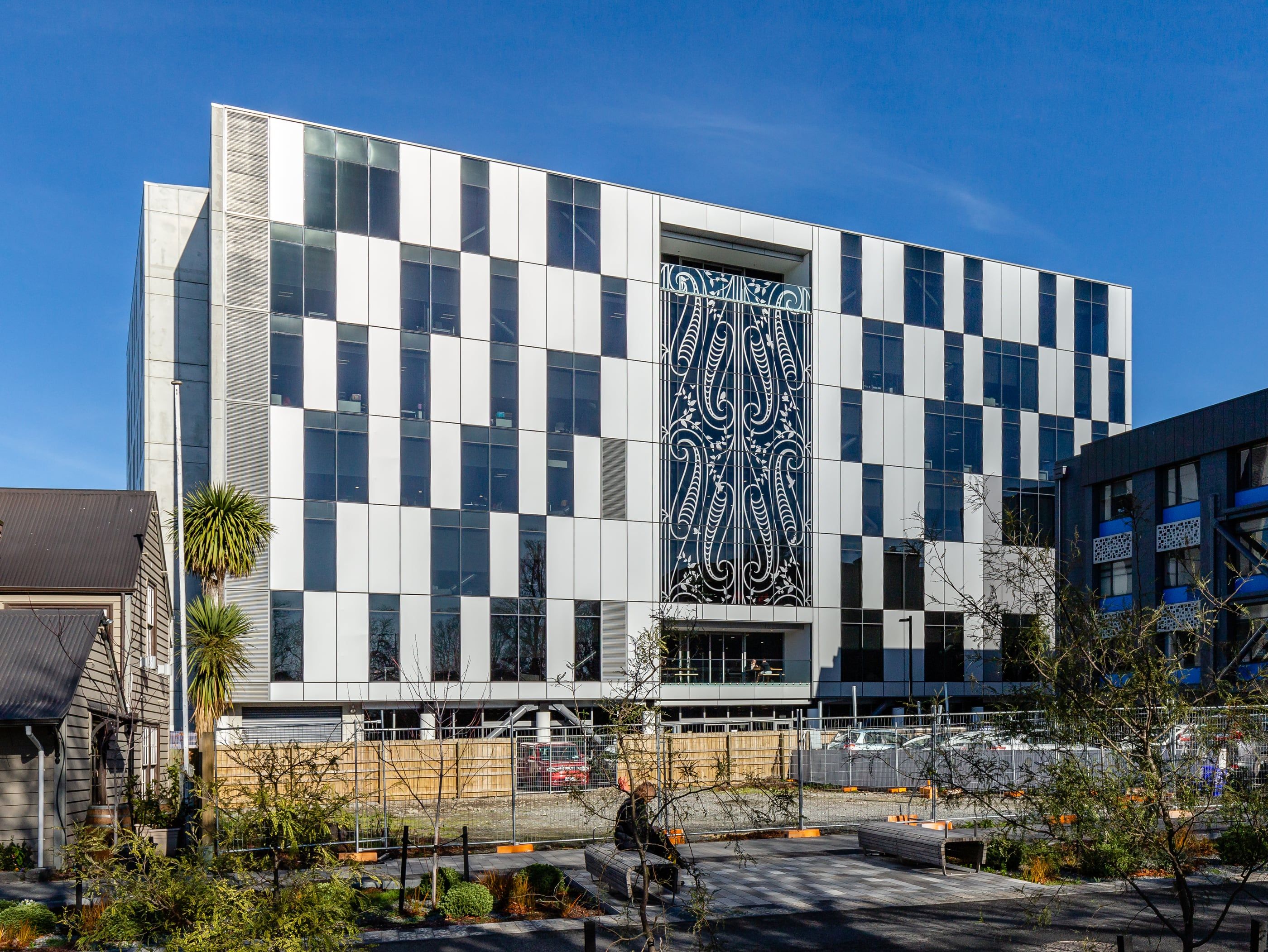 Manawa, the health research and education building in the Christchurch hospital precinct, with its carved panel